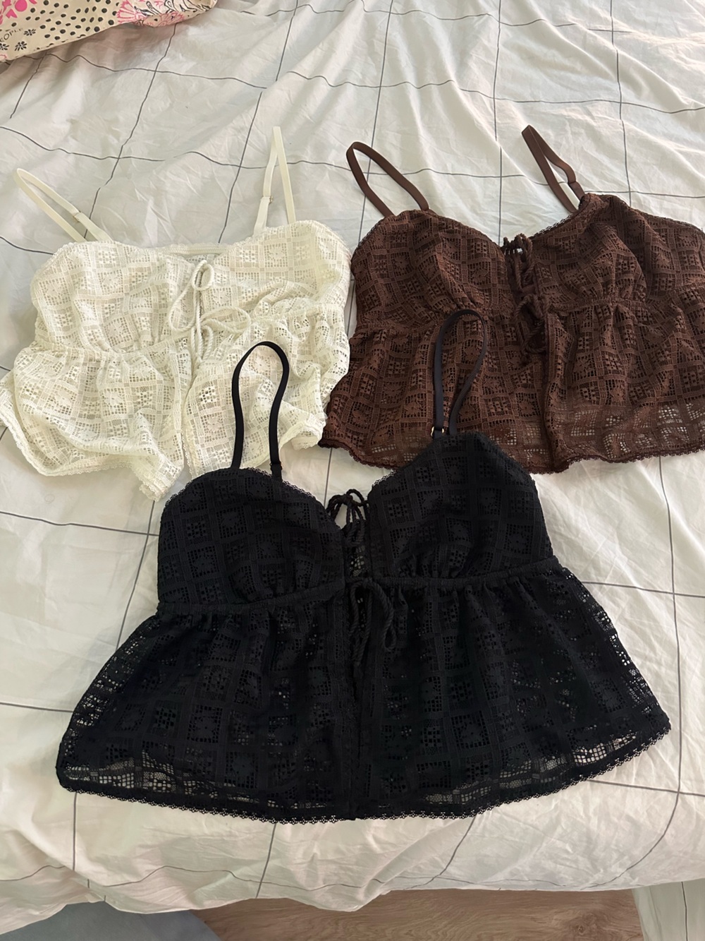 3 Aerie Show Off High Tide Lace Tie Front Bra Top- White M, Brown L True Black M